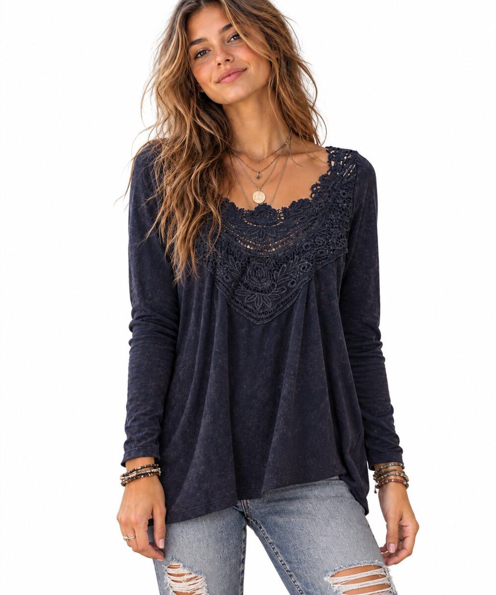 Easel Mineral Wash Top Womens Large Navy Lace Trim Button Back Boho Distressed